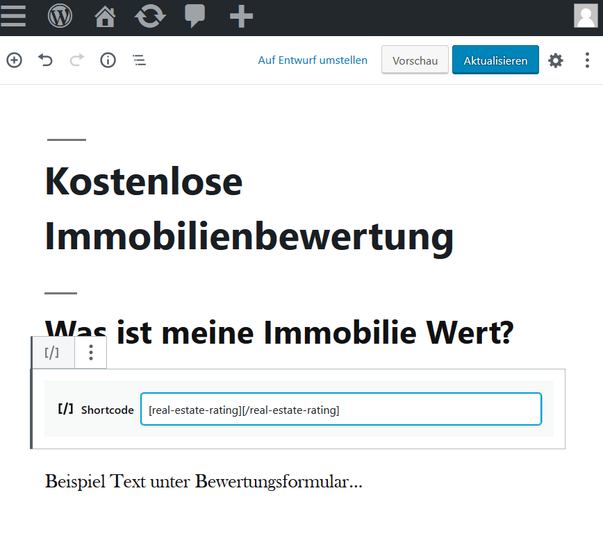 Shortcode - Kostenlose Immobilienbewertung einfuegen